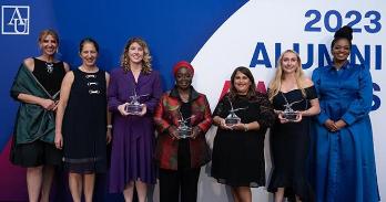 2023 Alumni Award Winners with President Burwell, LaTanya Sothern, and Courtney Surls