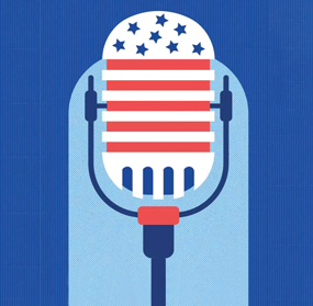 a microphone adorned with Stars and Stripes