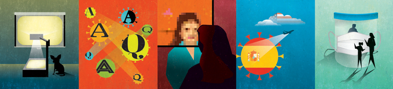 illustrations of a projector screen, spotlights containing the letters Q and A, a woman sitting behind a screen, a plane flashing a spotlight on the Spanish flag, and a man standing inside a jar behind a mask