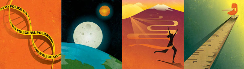 Illustrated images of a DNA sequence, the earth and the moon, a runner running down a mountain, and a desk at the end of a ruler