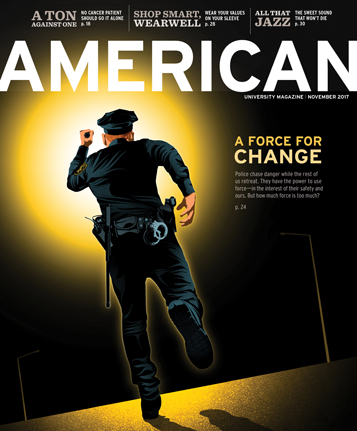 cover of November 2017 issue of American magazine with police officer running in the dark