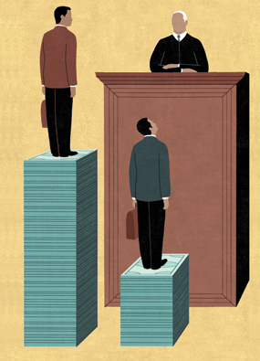 illustration of two lawyers standing on stacks of dollar bills before a judge; defense attorney is on a much shorter stack of bills