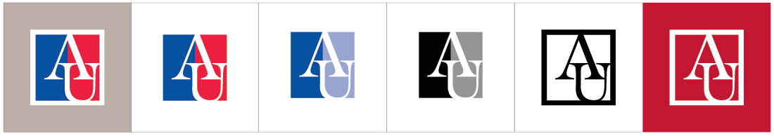 proper usage of the au icon and logo, au icon on tan background, au icon on white, two tone blue icon on white, teo tone greyscale icon on white, au engraved icon in black on white, au engraved iocn white on red proper usage of the au icon and logo, au icon on tan background, au icon on white, two tone blue icon on white, teo tone greyscale icon on white, au engraved icon in black on white, au engraved iocn white on red