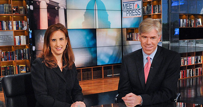 Executive producer Betsy Fischer, SOC/MA '96, helms Meet the Press with moderator and AU alum David Gregory, SIS/BA '92. The two screened and discussed the film State of Play as part of the Reel Journalism with Nick Clooney film series.
