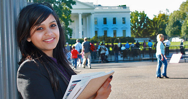 School of Communication student in front of White House