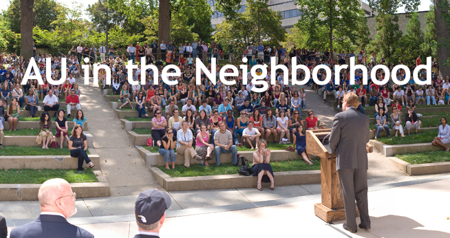 President Kerwin giving a convocation speech to AU students in the Brown-Woods Atrium