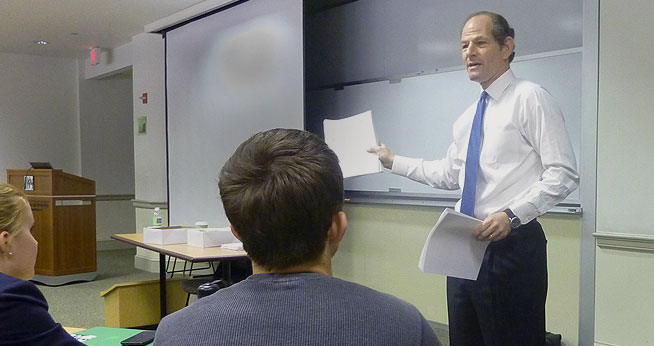 Eliot Spitzer, Kenneth Feinberg speak to Dan Jacobs' classes