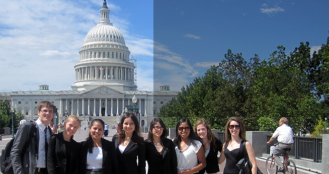Students stand before the US Capitol building.