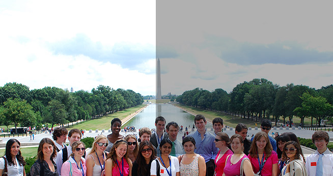 Students stand near the Washington Monument.