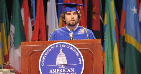 Drew Rosensweig, a Film and Media Arts major,&nbsp; delivers a commencement address at the 2009 American University School of Communication Commencement ceremony.