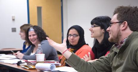 Students discuss during graduate seminar