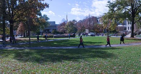 People walking on the quad on American University's main campus