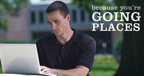 Because You're Going Places (photo of student working on laptop)