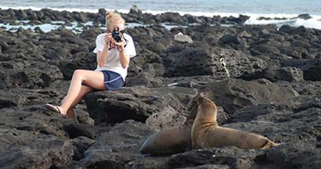 A student photographs sea lions in the Galapagos as part of an interdisciplinary course, The Practice of Environmentalism: Science, Policy and Communication in the Field