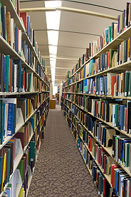 Stacks of books in Bender Library on AU's main campus
