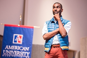 DeRay Mckesson speaking in the Katzen Arts Center.