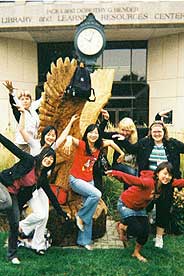 Students on the Quad with the eagle statue.