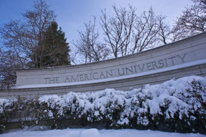 American University's Glover Gate covered in snow.
