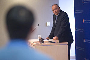 Egyptian ambassador to the United States H.E. Sameh Shoukry answers a question during his presentation.