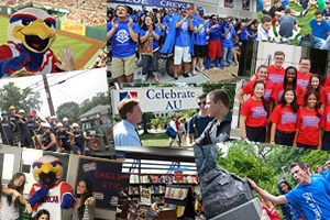 Photo collage featuring AU mascot Clawed Z. Eagle, students dressed in blue for the Bender Blue Out, President Kerwin with students at Celebrate AU, a student rubbing the talon of the Eagle statue, and more.
