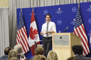 Canadian Prime Minister Justin Trudeau speaks to students about topics including climate, diversity, optimism, compassion.