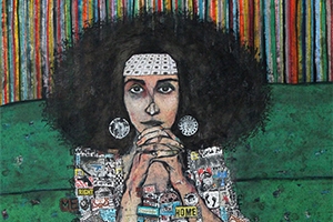 A mixed media work depicting a woman with clasped hands by artist Zena Assi.