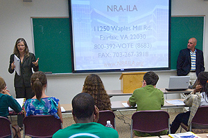 Photo: Glen Caroline of the NRA and Becca Knox from the Brady Campaign debate gun control.