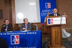 Syrian Ambassador Imad Moustapha speaks to a packed SIS Lounge on prospects for peace.