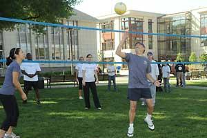 Staff playing volleyball during Staff Appreciation Week