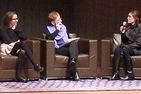 SOC professor Pat Aufderheide (center) speaks with Elena Fortes, director of the Ambulante Festival, and Carolina Coppel, director of Ambulante Beyond.