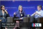Video still of Moderator Jane Hall at American University's American Forum: Midterms and Young Voters.