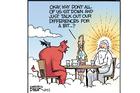 Nate Beeler cartoon with an AU peace wonk moderating a discussion between God and Satan