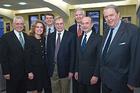 Photo: Ambassadors Edward O’Donnell, ’74; Joan Plaisted, ’69; David Dunn ’74; Christopher Goldthwait, ’71; and Clyde Taylor, ’61; SIS dean Louis Goodman and Ambassador Curtin Winsor, ’64, ’71