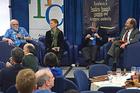 Jack Child, left, Pat Aufderheide, and Alan Kraut were the keynote speakers at the Ann Ferren Teaching Conference. John Doolittle, right, of CTRL, moderated.