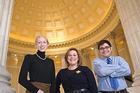 Photo: Genevieve Frye, left, Sarah Dohl, and Philip Zakahi in the Cannon House Office Building Rotunda. All three were students in AU's speechwriting course.