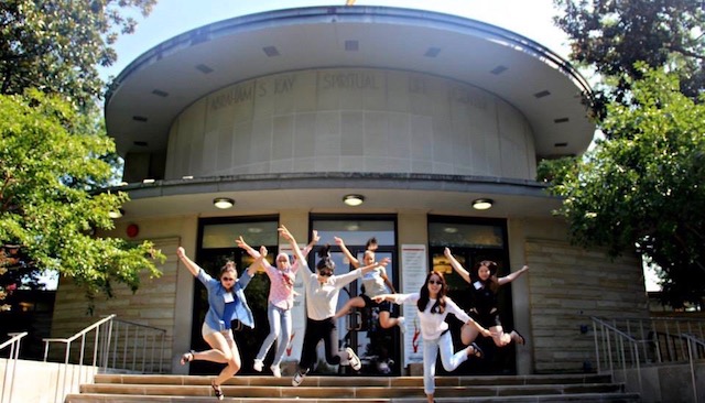 Students on the steps of Kay Spiritual Life Center