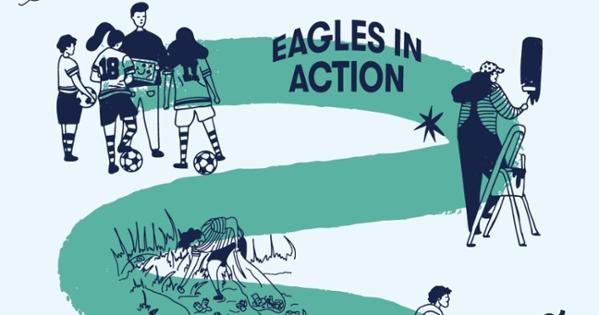 A graphic showing individuals painting, gardening, and interacting with youth, with the text "Eagles in Action" displayed.