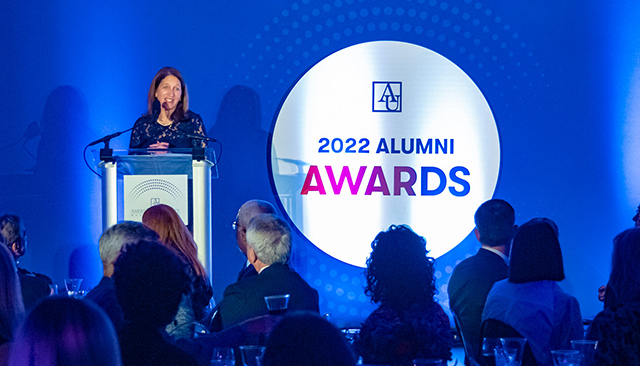 President Sylvia Burwell speaks at the 2022 AU Alumni Awards dinner and ceremony.