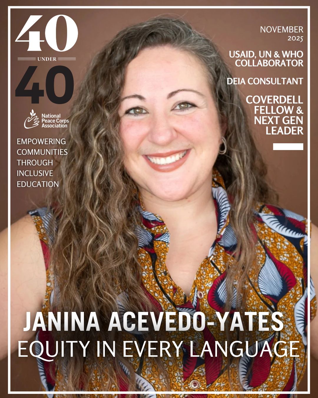 Janina Acevedo-Yates smiling on 40 Under 40 cover