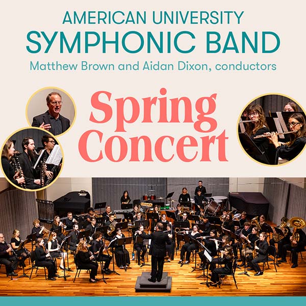 AU Symphonic Band Spring Concert. Matthew Brown and Aidan Dixon, conductors. Wide angle and close-ups of the AU symphonic band performing