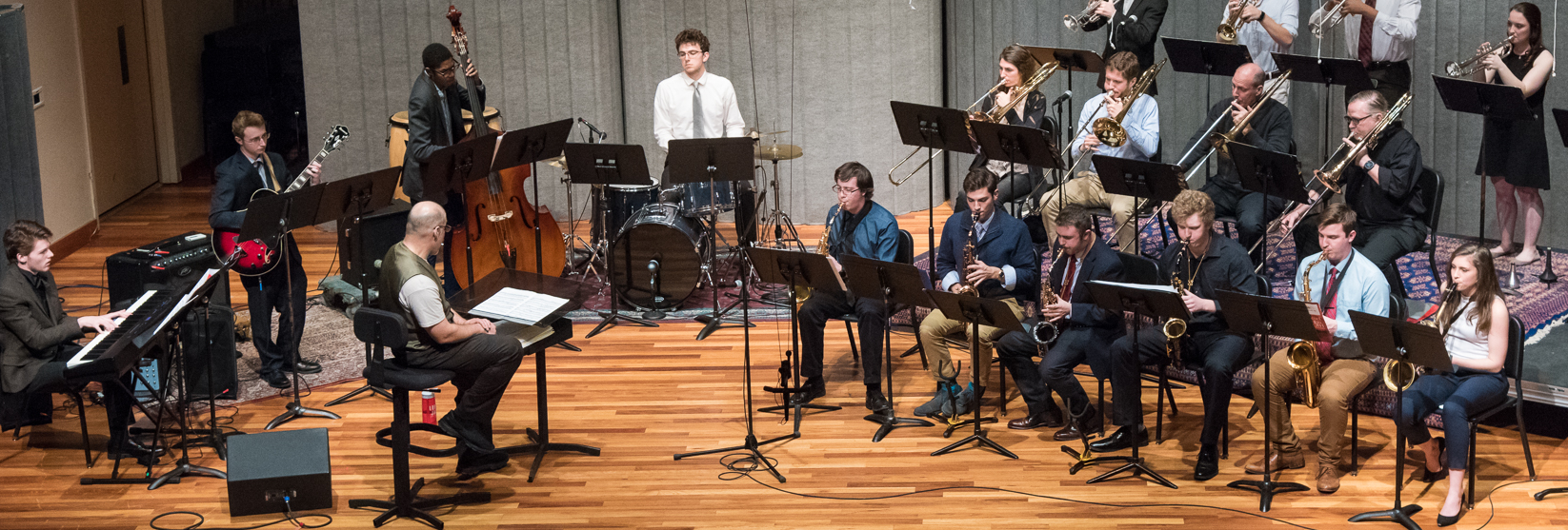 Shot of a big jazz orchestra onstage, taken from above