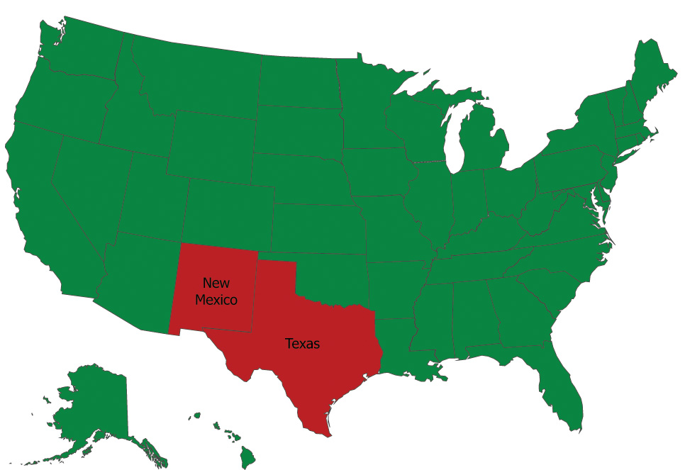 A map showing that all states except New Mexico and Texas accept AU's initial teaching certification for work or licensure.