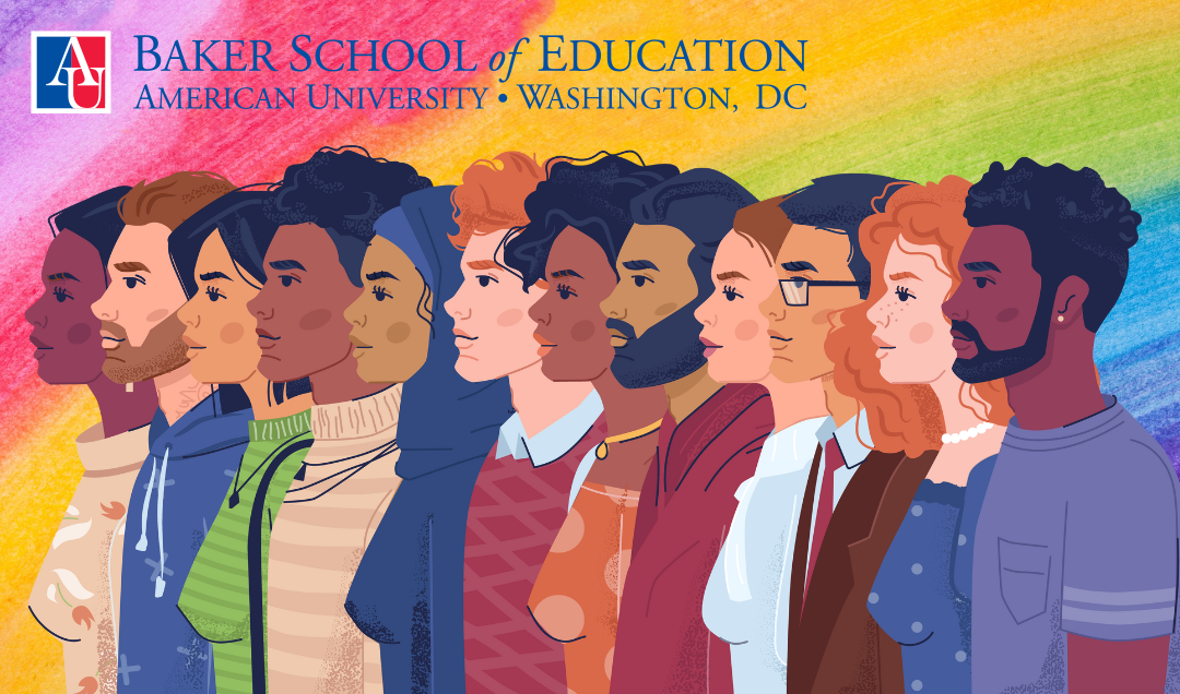 A variety of people in front of a rainbow background with the School of Education logo.