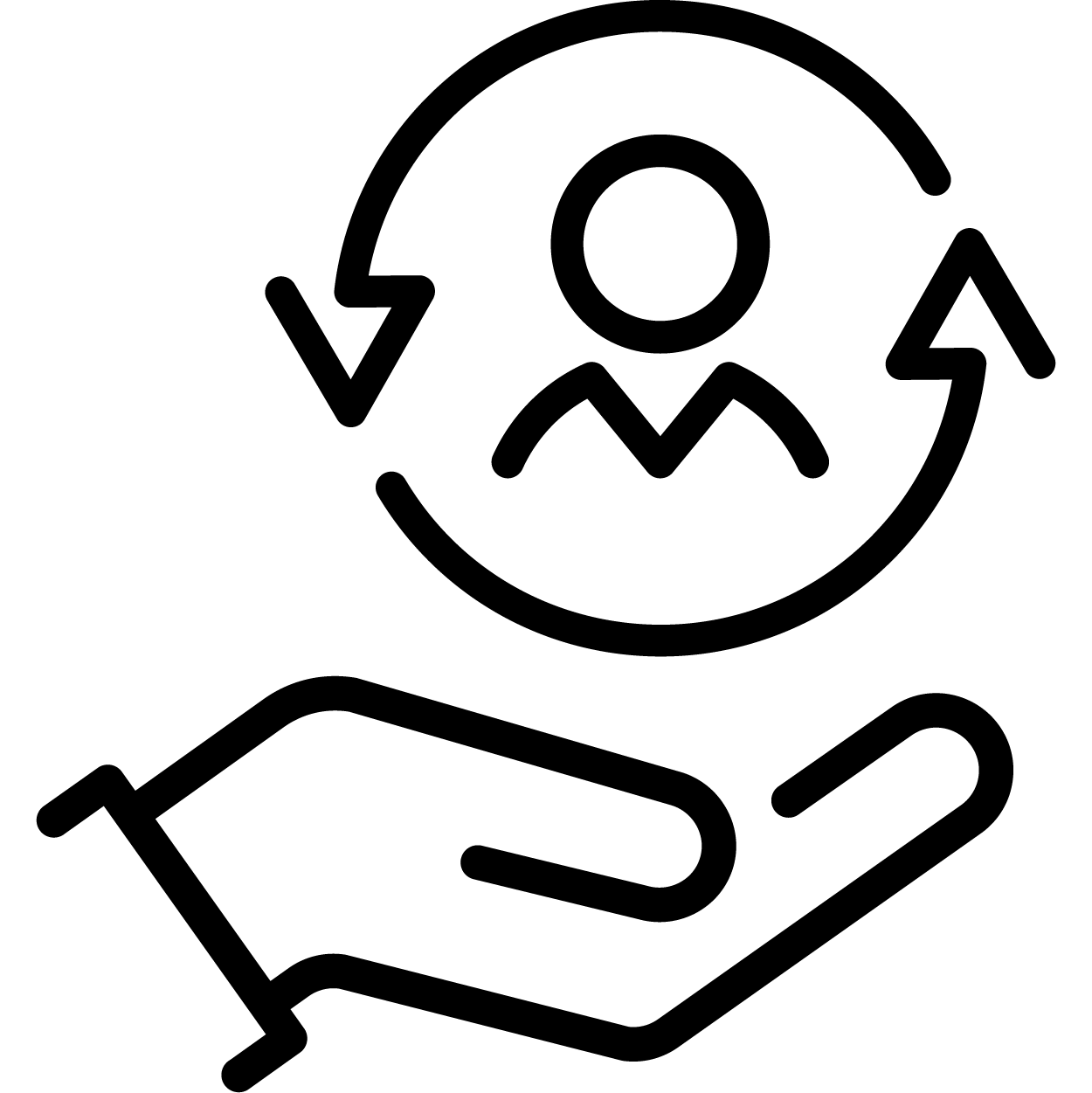 Black line drawing of a hand. Floating above the hand is a figure surrounded by two arrows that form a circle. Black line drawing of a hand. Floating above the hand is a figure surrounded by two arrows that form a circle.