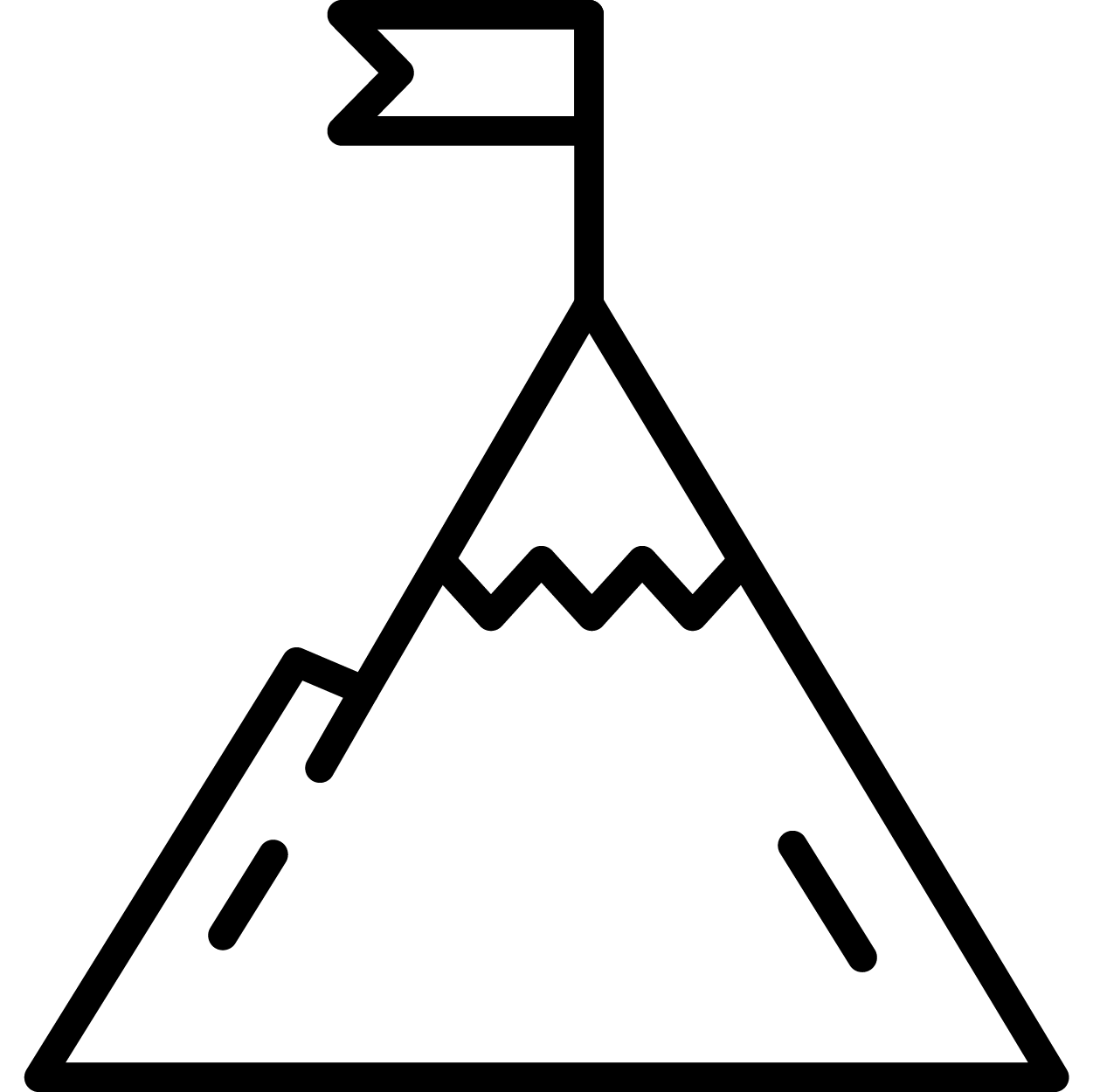 Black line drawing of a mountain with a flag on top Black line drawing of a mountain with a flag on top