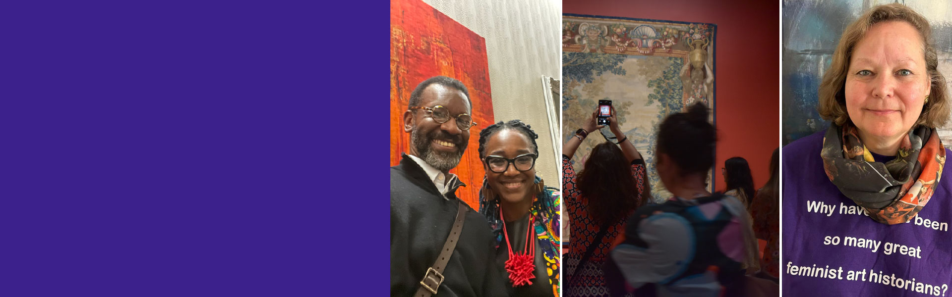 Man and woman photographed in front of a painting, a woman taking a photo of a painting in a museum, a woman in a purple shirt that says 'why have there been so many great feminist art historians?'