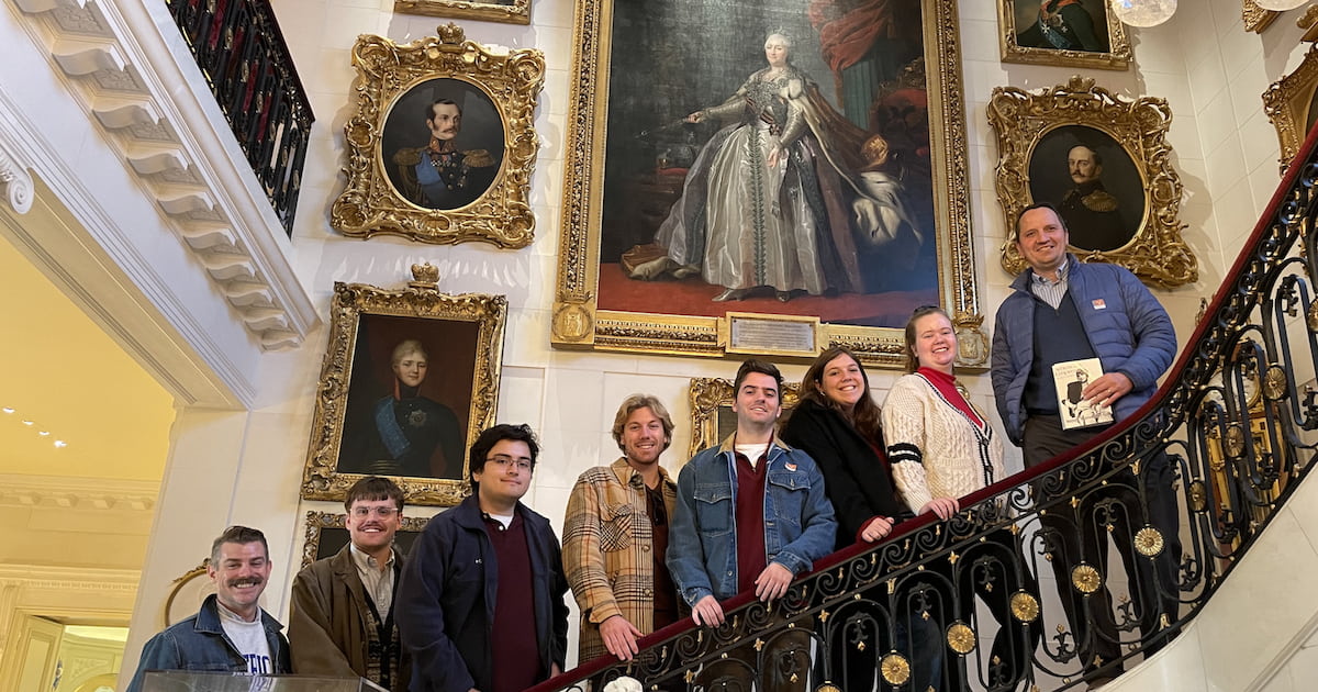 Students on the grand staircase at Hillwood Museum