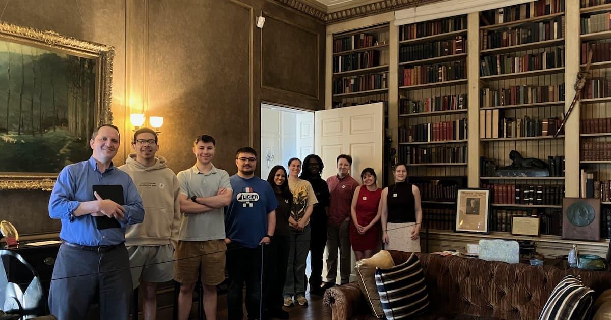 Student tour group in the beautiful Wilson House library