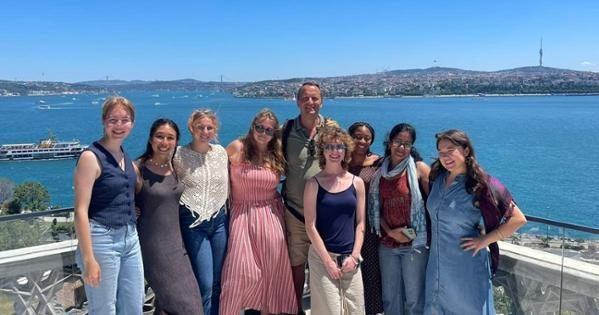Student tour on a rooftop overlooking the Bosphorus