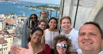 Students at the top of the Roman fortress tower in Istanbul